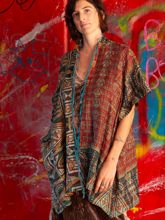 Kimono - silk reversible featuring hand stitching and pockets - tribal