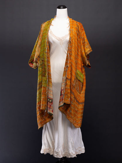 Kimono - silk reversible featuring hand stitching and pockets - village life
