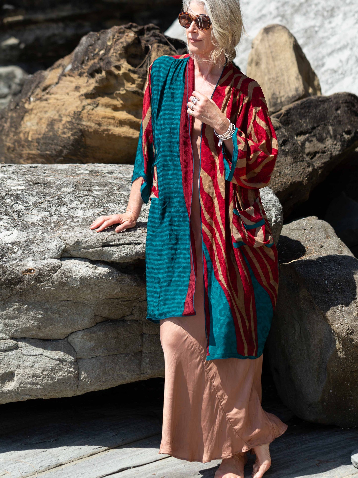 Turquoise and red flame silk kimono