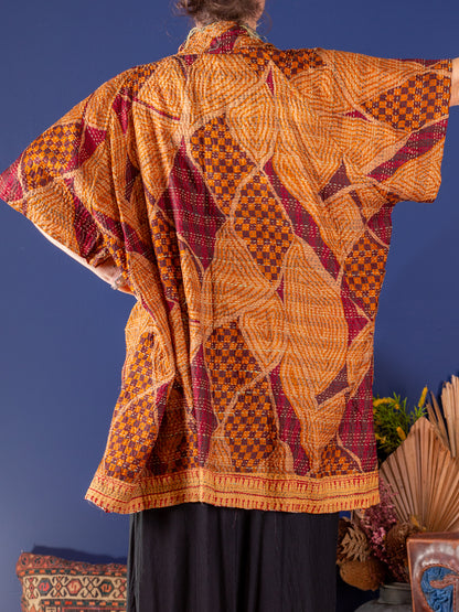 Kimono - silk reversible featuring hand stitching and pockets - Mahogany isle