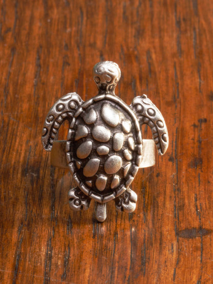 silver turtle ring with an adjustable band