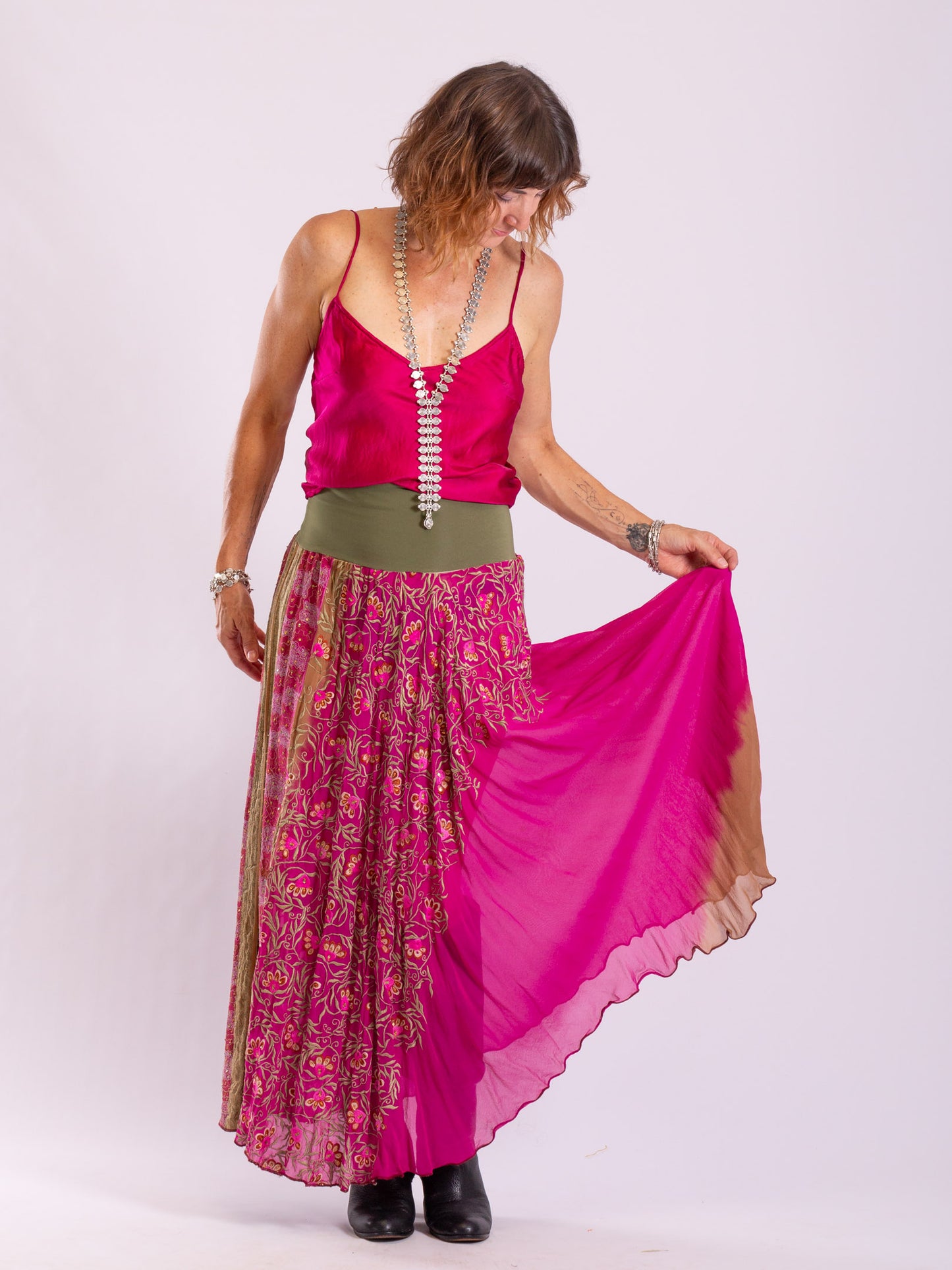 Hot Pink Sacred Stitch Silk Skirt - made from vintage silk sari's.