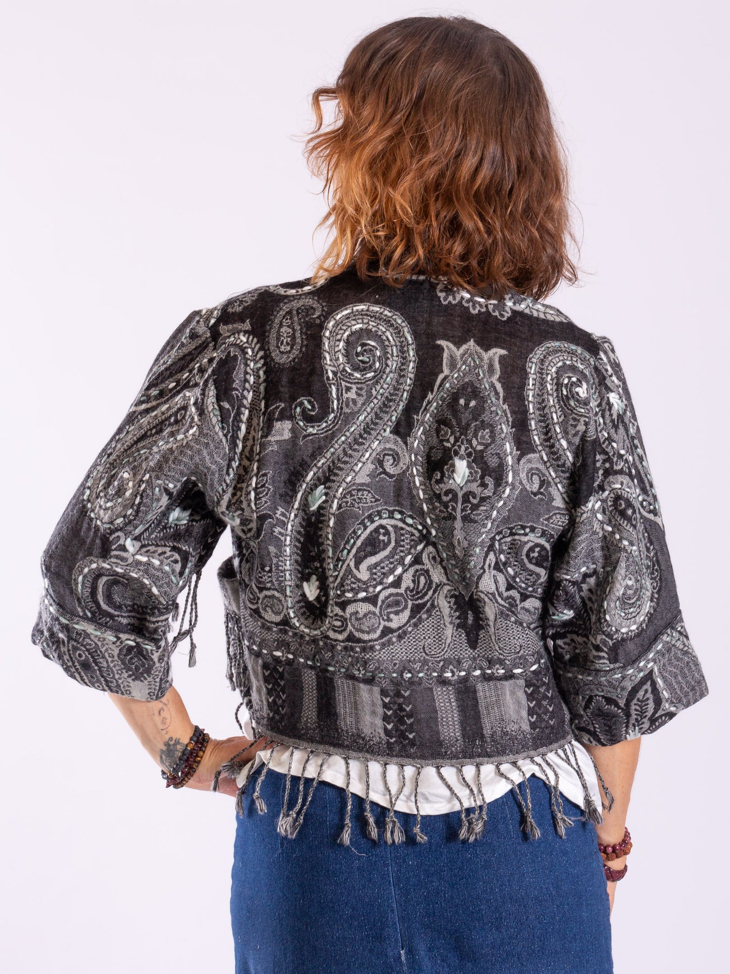 Kashmiri soft fringed wool jacket. Black Paisley Pattern size 10