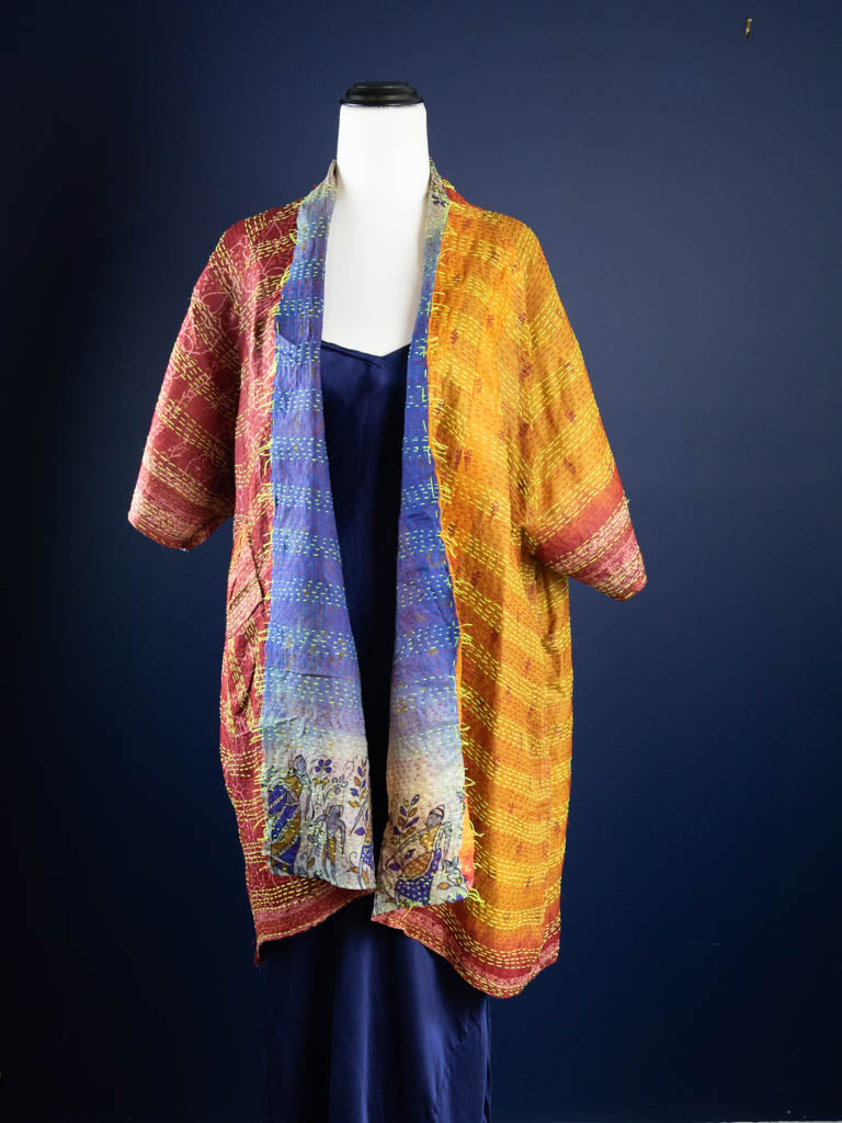 Kimono - silk reversible featuring hand stitching and pockets - Fire and Earth