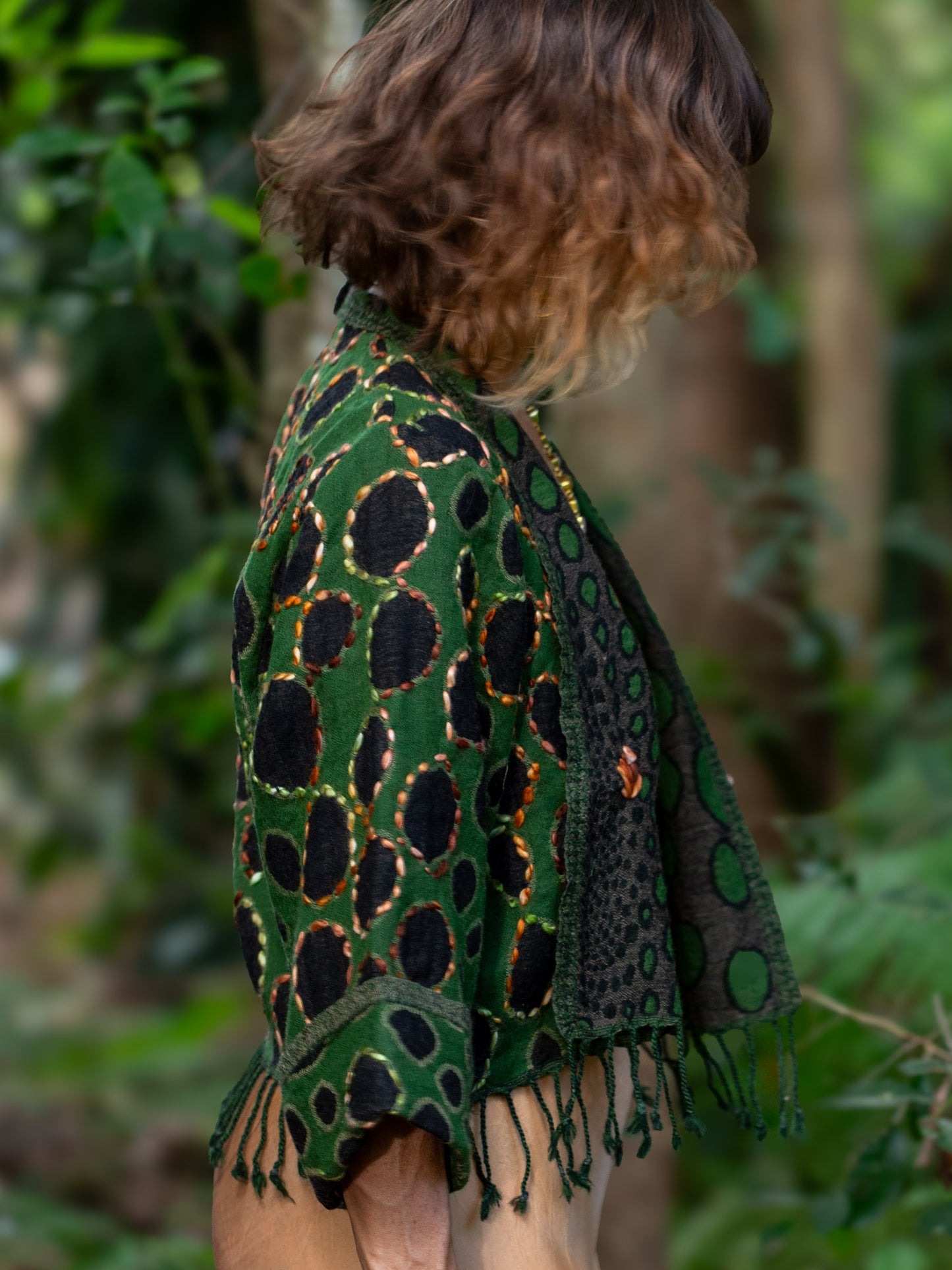 Forest Green wool fringed jacket with leopard design