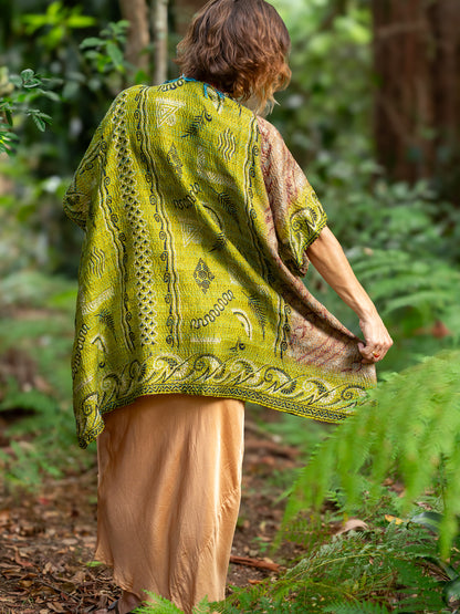 Kimono - silk reversible featuring hand stitching and pockets - Volcanic Garden