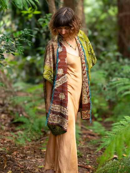 Kimono - silk reversible featuring hand stitching and pockets - Volcanic Garden