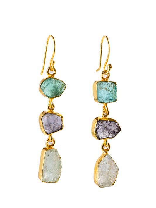 Gold Luxe earrings - triple drop gems aqua marine, apatite, amethyst