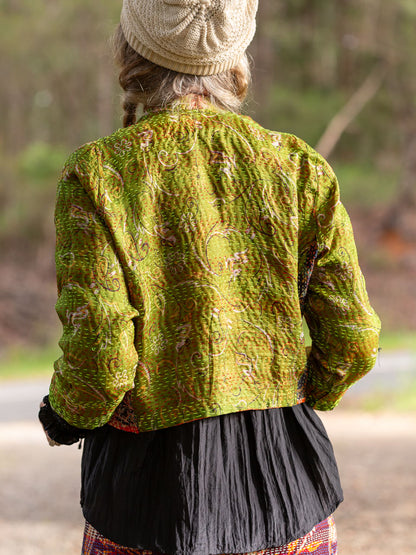 Boho Silk Chic Jacket. Pine-Lime Size 12