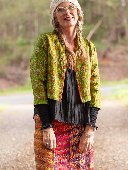 Boho Silk Chic Jacket. Pine-Lime Size 12