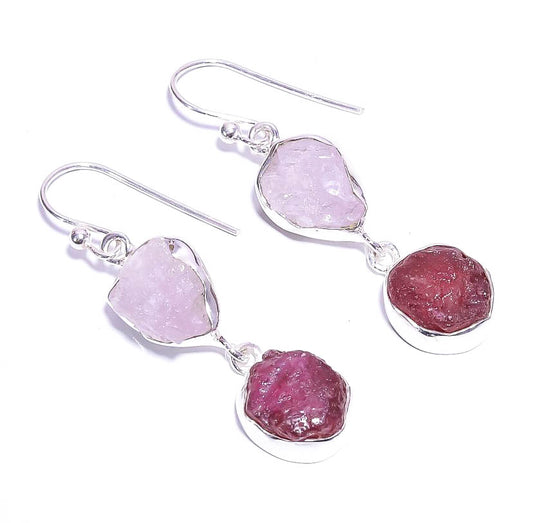 Silver Earring Double Drop Rose Quartz & Ruby