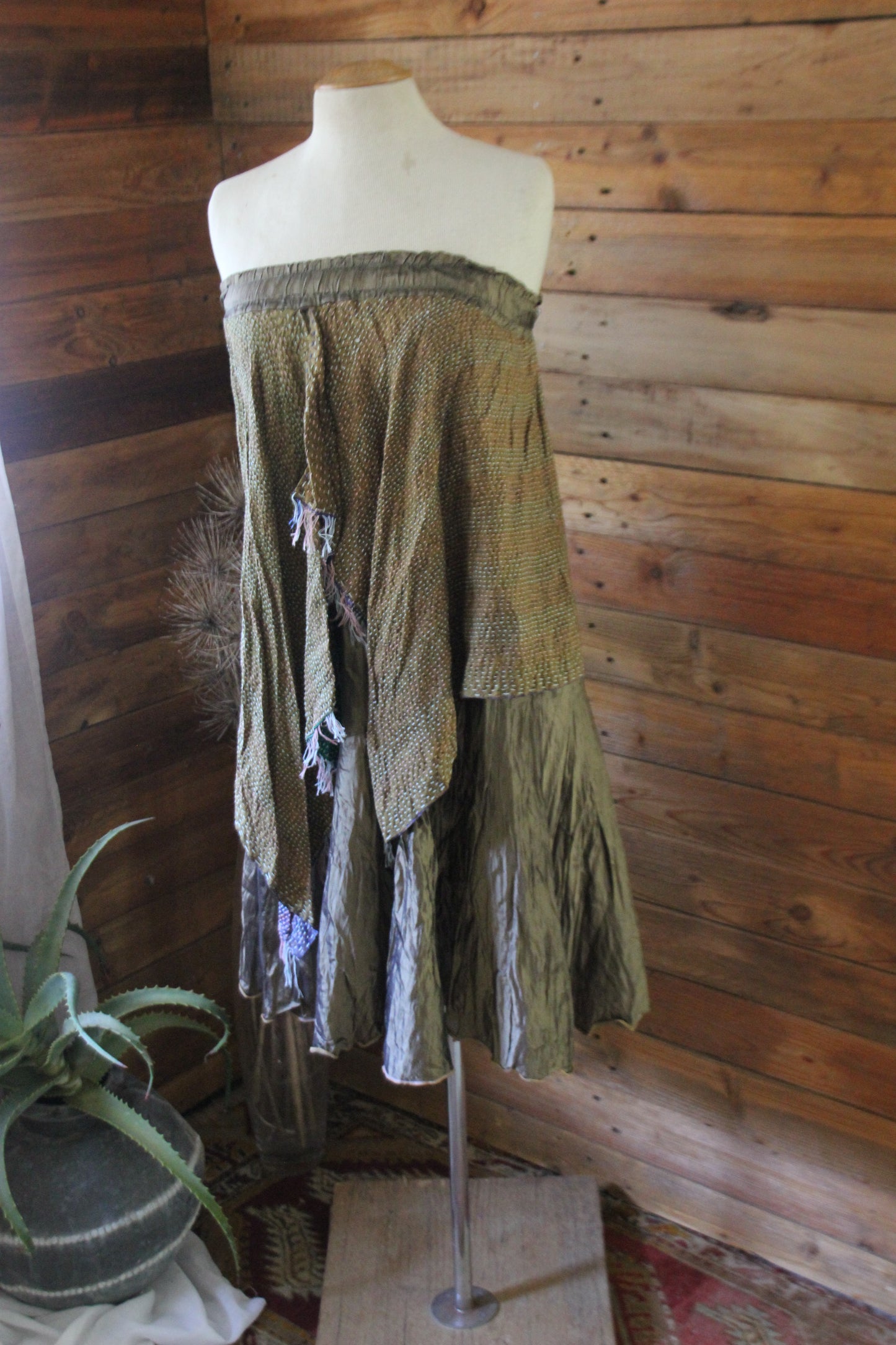 Skirt shown as a dress - coffee coloured silk with kantha fabric hightlight