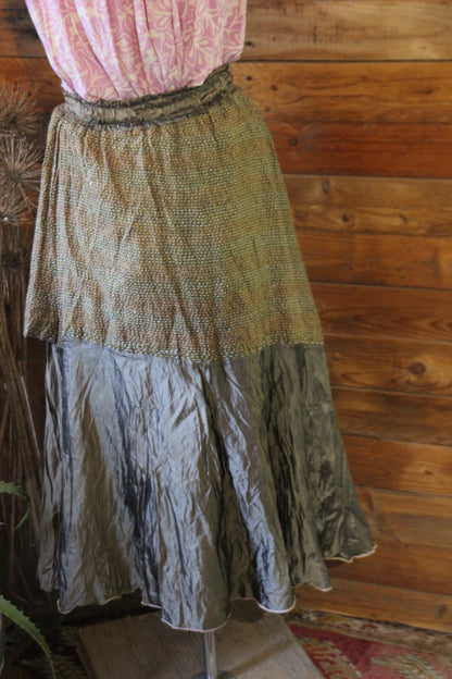 Reverse of silk skirt in coffee showing kantha detail