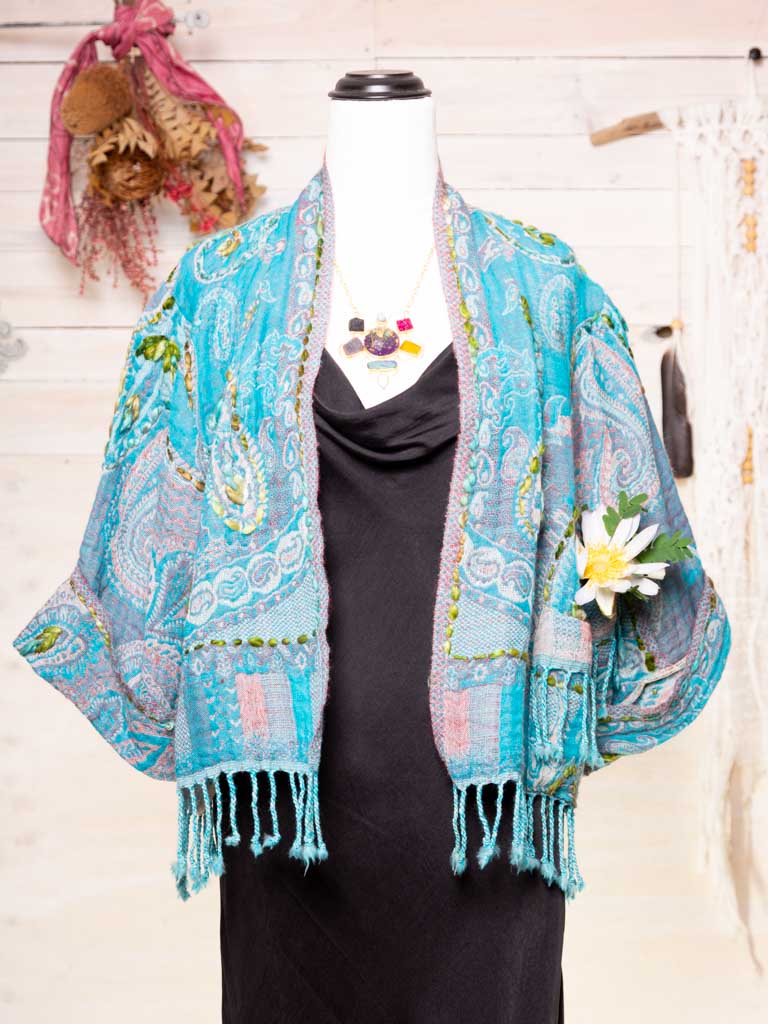 Kashmiri soft fringed wool jacket. Aqua Aura Size 14