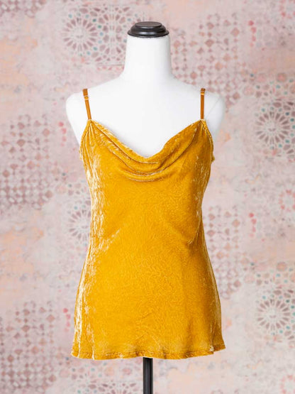 Sumptuous silk velvet cowl neck cami in a rich earth gold colour