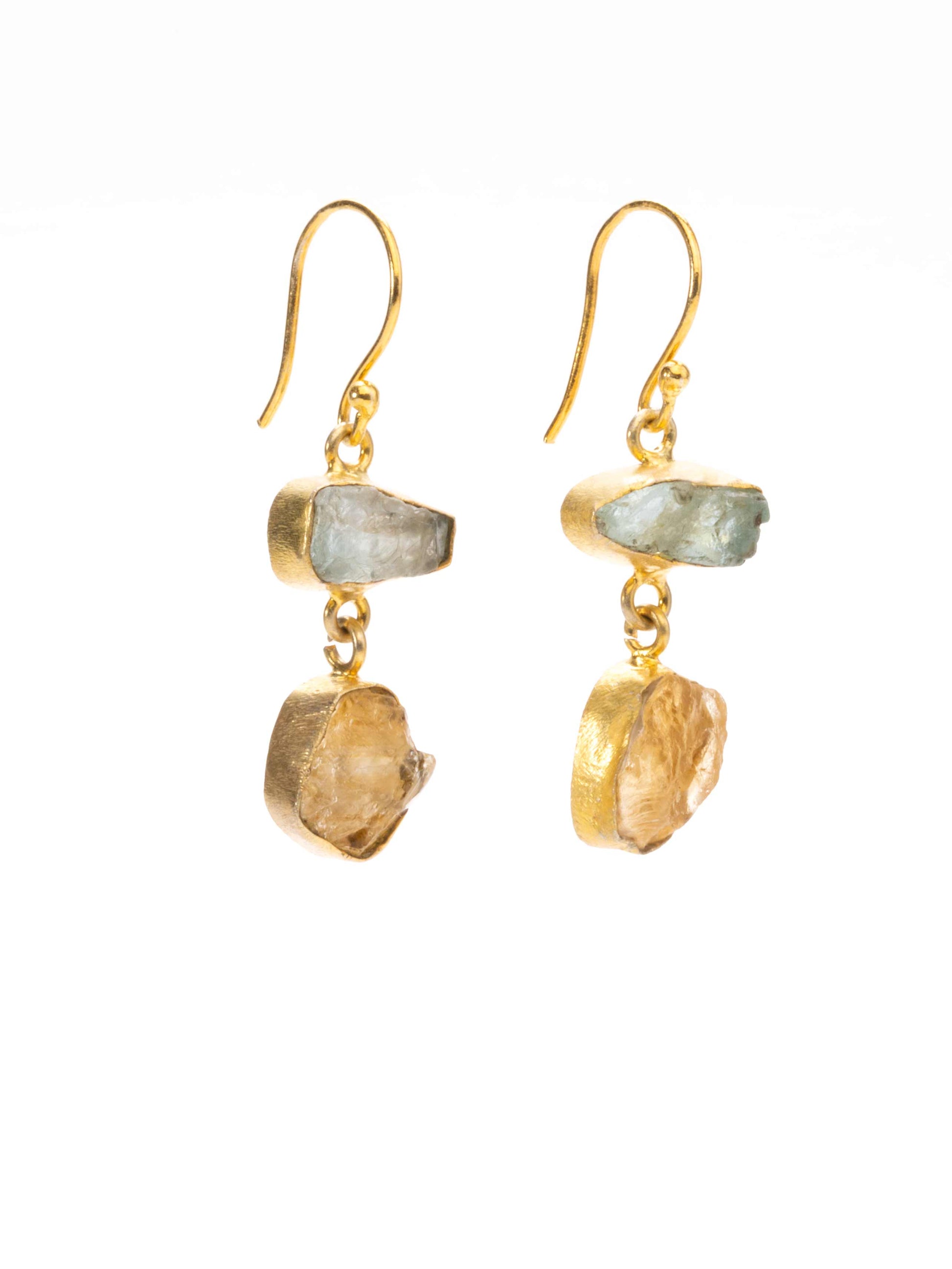 Raw cut gold earrings with aqua marine and citrine