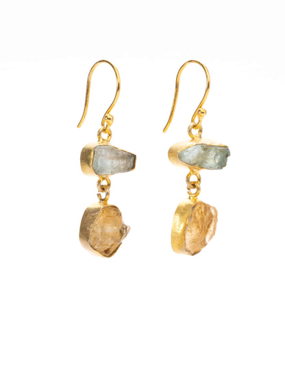 Raw cut gold earrings with aqua marine and citrine