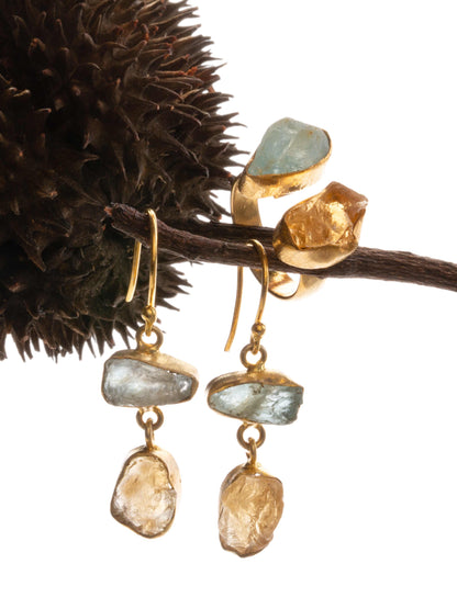 Gold Luxe earrings -  aqua marine & citrine double drop dangles