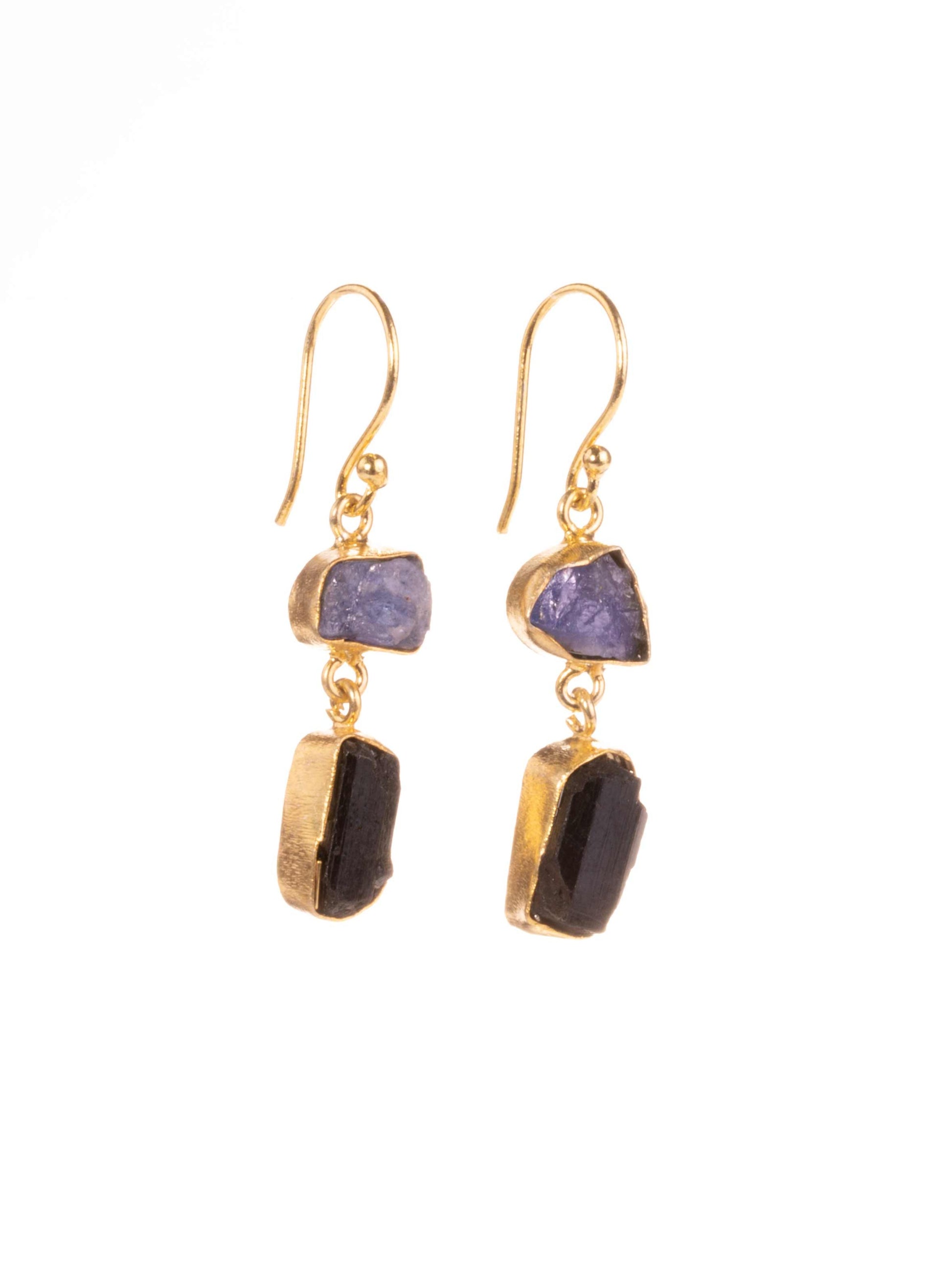 Gold Luxe earrings - iolite and tourmaline double drop dangles